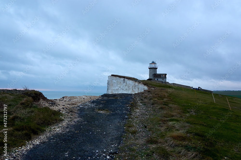 Seven Sisters, Eastbourne, England, moody and atmospheric weather, white cliffs, crack, broken road, December 2021