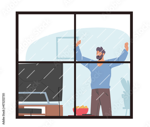 Relaxed Male Character Stretching Body in Living Room with Tv Set and Furniture View form Window. Human Lifestyle