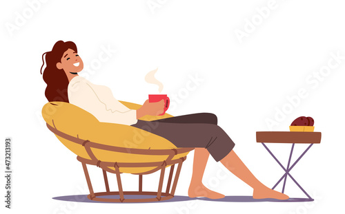Female Character Relaxing in Comfortable Soft Round Chair with Coffee or Tea Cup in Hands. Woman Enjoying Weekend