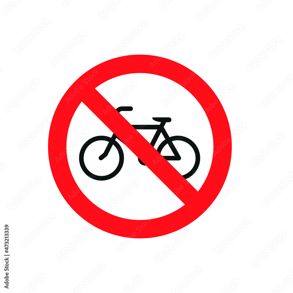 Bicycle sign. Bike outline icon. Cycling is prohibited. Abstract vector illustration. Isolated pictogram in a white circle with a red border and a red diagonal line through it. Bicycle sign. Bike outline icon. Cycling is prohibited. Abstract vector illustration. Isolated pictogram in a white circle with a red border and a red diagonal line through it.