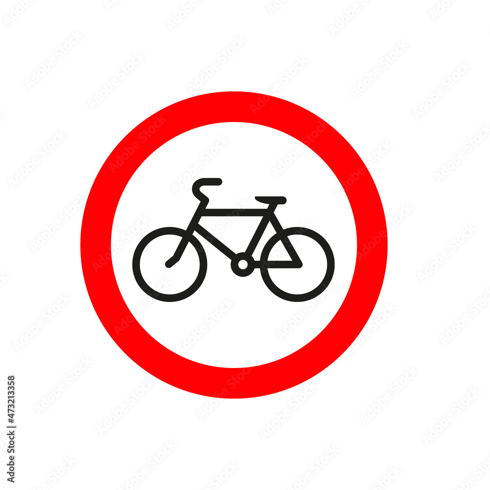 Bicycle sign. Bike outline icon. Cycling is prohibited. Abstract raster illustration. Isolated pictogram in a white circle with a red border. Bicycle sign. Bike outline icon. Cycling is prohibited. Abstract raster illustration. Isolated pictogram in a white circle with a red border.