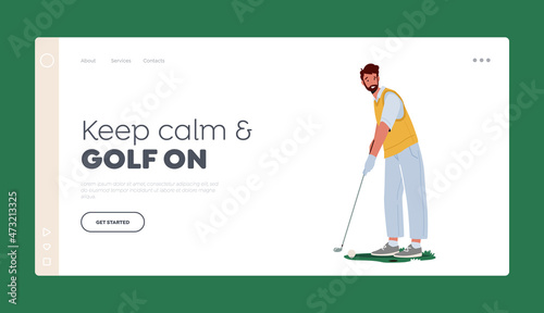 Summer Time Leisure Landing Page Template. Sport Training or Competition. Smiling Man in Sport Uniform Holding Golf Club