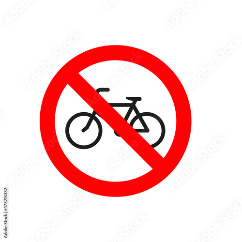 Bicycle sign. Bike outline icon. Cycling is prohibited. Abstract raster illustration. Isolated pictogram in a white circle with a red border and a red diagonal line through it.