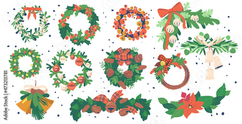 Christmas Tree Wreaths and Garlands, Winter Decoration of Plants, Berries and Leaves, Fir or Pine Branches and Red Bows