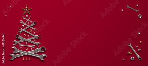 A symbolic Christmas tree made of golden wrenches, bolts and nuts on a red background. Creative template of a New Year greeting for construction and engineering companies. 3D render.