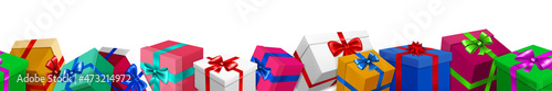 Banner with bunch of colored gift boxes with ribbons and bows on white background. With seamless horizontal repetition