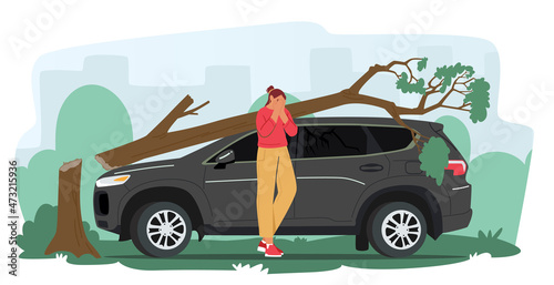 Female Driver Character Crying near Broken Car with Tree Fall on Automobile Roof. Nature Disaster, Accident, Damage
