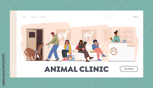 Animals Hospital Landing Page Template. People with Pets in Clinic for Treatment. Men and Women with Cats and Dogs