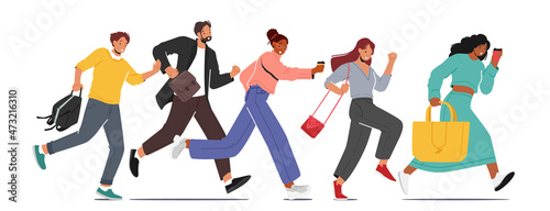 Characters Hurry at Work due to Oversleep or Traffic Jam. Businessmen, Businesswomen or Students with Bag and Coffee Run