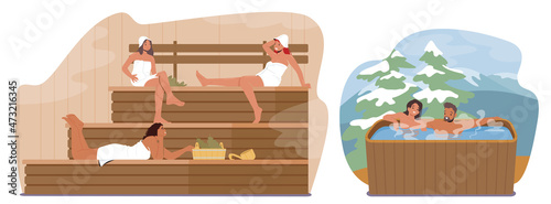 Wellness, Sauna and Spa Hygiene, Relax, Healthcare Water Procedures. Relaxation, Body Care Therapy, Couple in Wood Bath