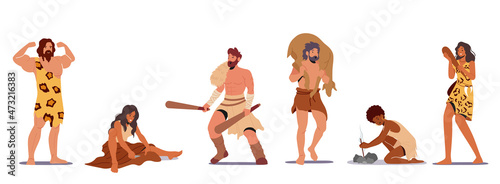 Set of Prehistoric Ages Characters Wear Animal Skin Use Primitive Tools for Hunting, Light a Fire, Man Demonstrate Power