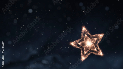 Dark festive background with gold star and snowflake, snow, abstract golden Christmas decoration with festive lights. New Year's abstraction, magical holiday atmosphere. 3d illustration. 