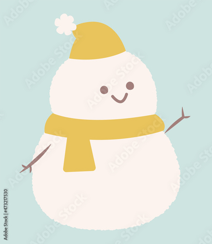笑顔で手を上げる帽子とマフラーをした雪だるまのイラスト
