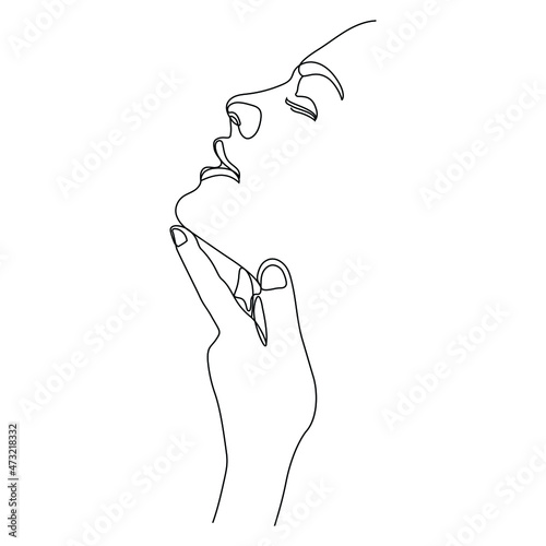 a one line art illustration of a woman's face with seductive expression. a continuous hand drawn drawing in vector. an illustration for an art print, tattoo, beauty product or shop, etc.