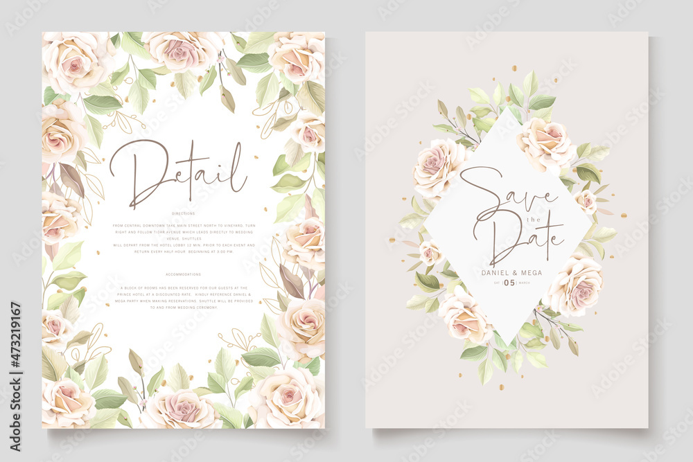 hand drawn floral roses wedding invitation card set 