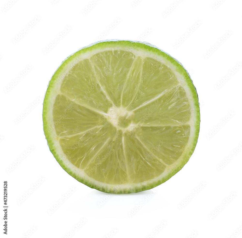 Limes with slices isolated on white background.