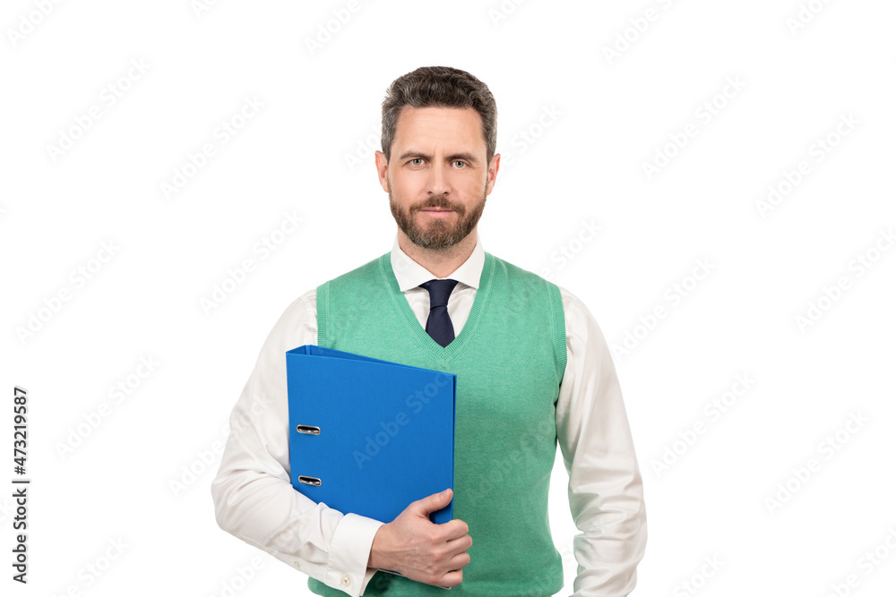 handsome man manager hold folder with documents isolated on white background, business handsome man manager hold folder with documents isolated on white background, business