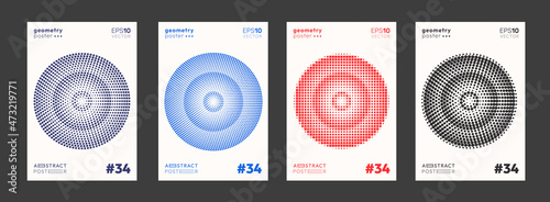 Set of Circle Halftone Dots Pattern Shapes. Modern Geometric Poster Vector Template. Abstract Geometrical Cover.