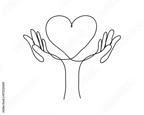 Continuous one line drawing, Health care hands holding heart. design poster art print. vector illustration