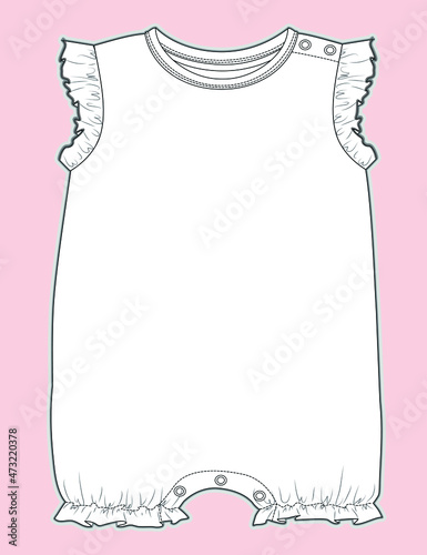 Baby girl bodysuit flat sketch, Baby fashion, Baby girl clothes design VECTOR. You can use it as a base in your collection, color it as you wish and place your print pattern.