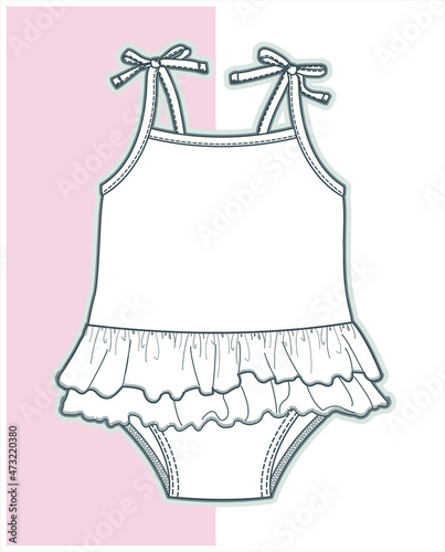 Girl Swimsuit vector flat sketch. swimwear design technical drawing for girls.