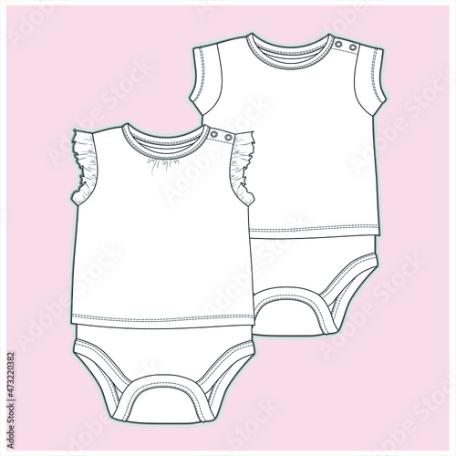 Baby girl bodysuit flat sketch, Baby fashion, Baby girl clothes design VECTOR. You can use it as a base in your collection, color it as you wish and place your print pattern.