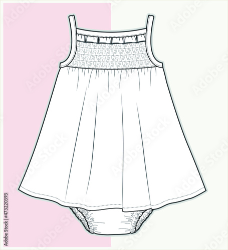 gathered dress, baby wear, baby clothes, frill sleeves fashion dress, flat sketch template, infant girls, technical fashion illustration, illustration, clothes, graphic, vector, design, summer, isolat