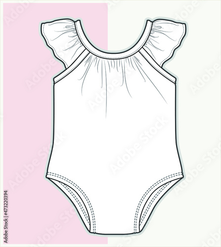 Girl Swimsuit vector flat sketch. swimwear design technical drawing for girls.