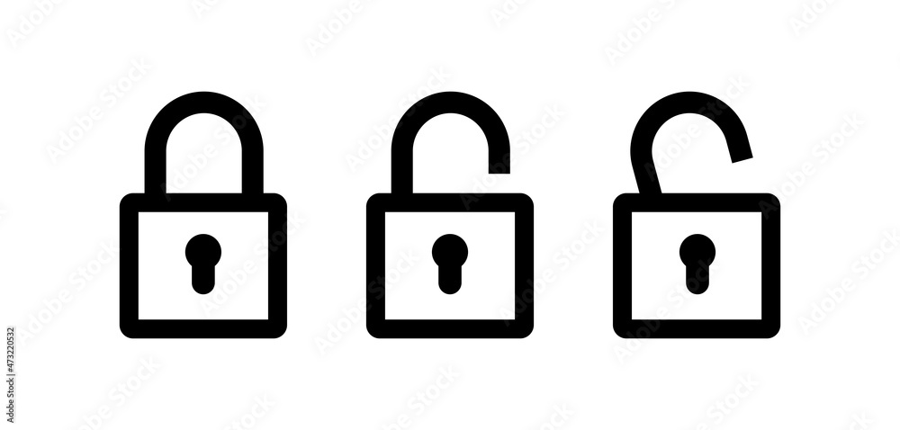 Lock icon. Lock and unlock icons set. Padlock open and closed. Protection symbol. Isolated raster pictogram on white background. Lock icon. Lock and unlock icons set. Padlock open and closed. Protection symbol. Isolated raster pictogram on white background.