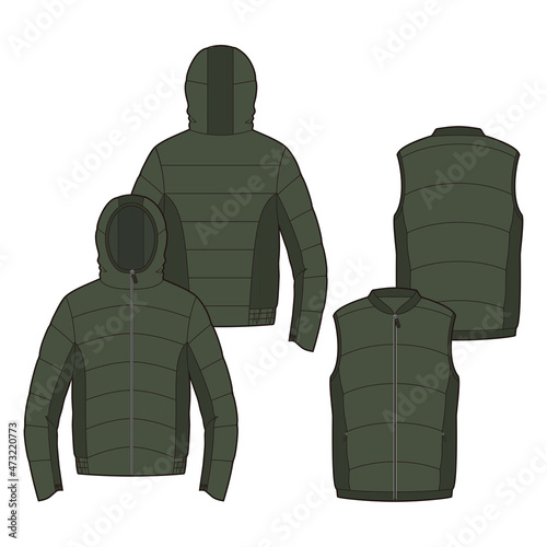 Men's down rib jacket and vest fashion vector sketch, Apparel template