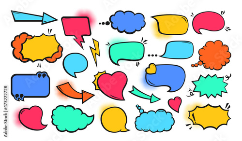 Speech bubble comic pop art set. Retro colorful empty design elements dialog clouds, halftone dot background. Speech thought blobs comics book, vintage banner. Cartoon 80s-90s bright vector