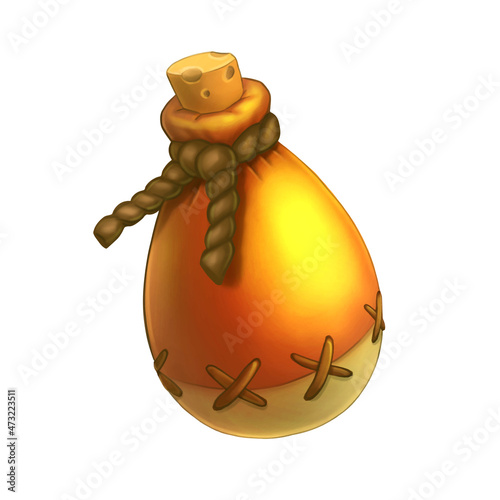 Cute cartoon treasure bag with a patch. RPG game asset of pouch for gold. Vector isolated realistic illustration