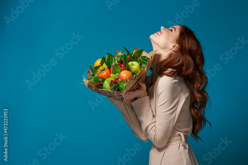beautiful woman posing fresh fruits bouquet emotions isolated background