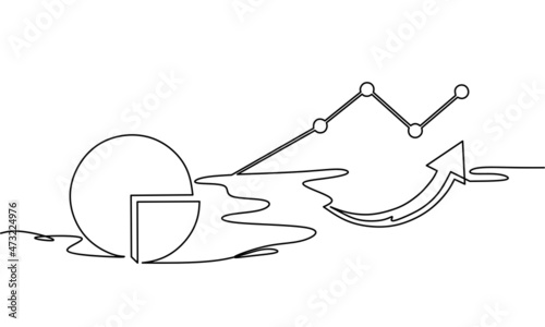 Continuous line drawing of arrow, pie chart and growth graph. Seamless background pattern. business icon. Object one line, single line art. Vector illustration