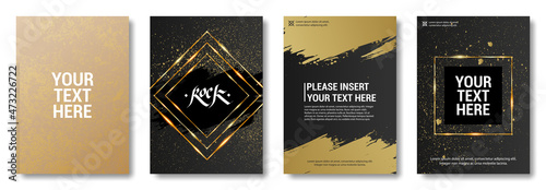Luxurious set of golden covers with grunge, paintbrush, overlay texture in goldens drops. Golden background with shiny gold paint and inscriptions. Posters, flyer, cover concept. Vector mockup set