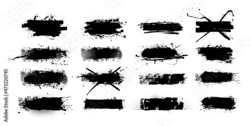 Black set ink brushstroke and paint brush template with splashes grunge. Ink brush stroke, lines, frame, paint textured set. Artistic Boxes isolated texture with drops blots. Vector grunge box