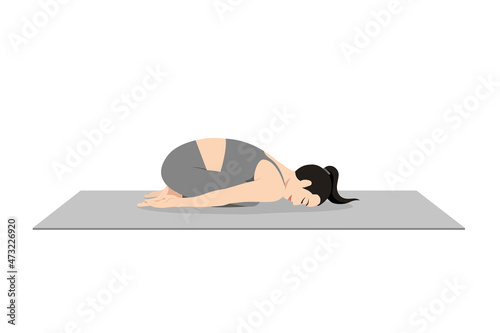 Child's Pose, Beautiful girl practice Balasana. Young attractive woman practicing yoga exercise. working out, black wearing sportswear, grey pants and top, indoor full length, calmness and relax.