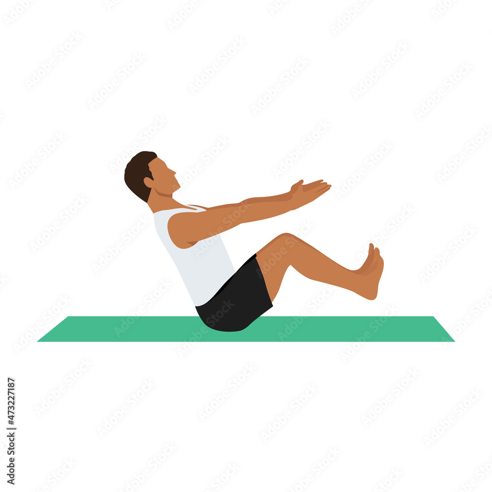 Yoga Man in Boat pose. Male cartoon character practicing Hatha yoga. Man demonstrating exercise during gymnastics training. Flat vector illustration. Yoga Man in Boat pose. Male cartoon character practicing Hatha yoga. Man demonstrating exercise during gymnastics training. Flat vector illustration.
