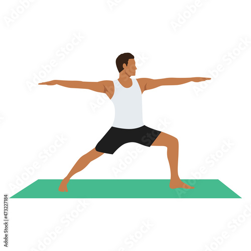 Yoga Man in Virabhadrasana 2 or Warrior II pose. Male cartoon character practicing Hatha yoga. Man demonstrating exercise during gymnastics training. Flat vector illustration.