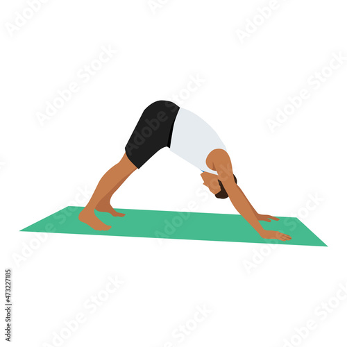 Man doing Adho mukha svanasana or downward facing dog yoga pose,vector illustration in trendy style