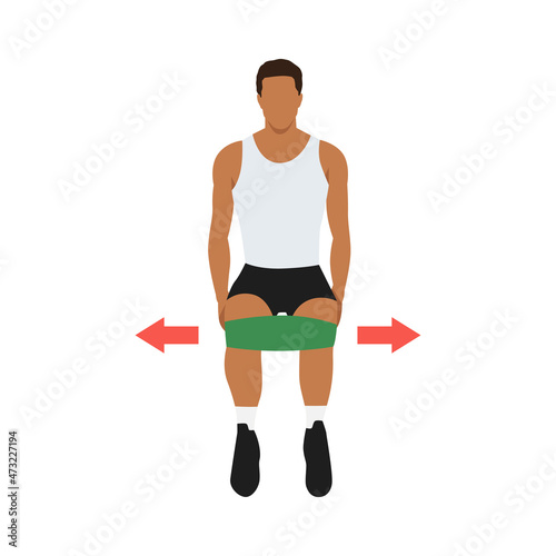 Man doing Isometric Hip abduction with band Resistance band exercise. Flat vector illustration isolated on white background