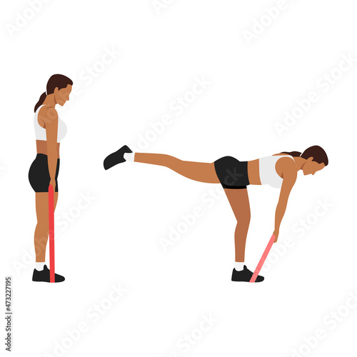 Woman doing Single leg resistance band deadlift Resistance band exercise. Flat vector illustration isolated on white background