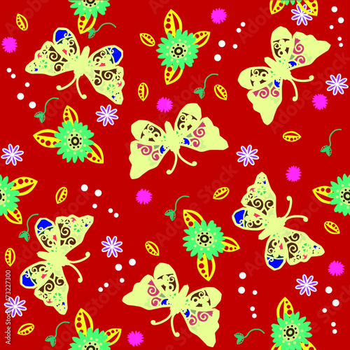 Vector colorful butterfly pattern with flowers background. Seamless butterfly pattern for fashion design, fabric design and wrapping paper background. Repeated pattern background. Vector art.