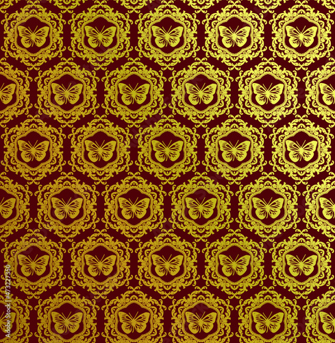 Vector golden butterfly with border pattern background. Seamless butterfly pattern for fashion design, fabric design and wrapping paper background. Repeated pattern background. Vector art.