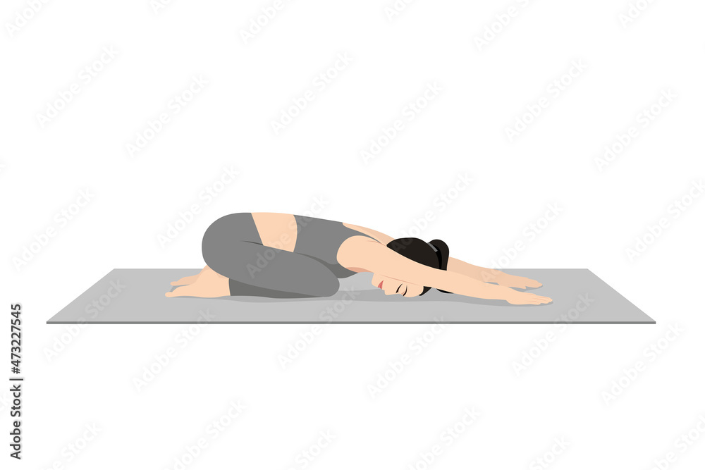 Vettoriale Stock Wide Child's Pose, Prasarita Balasana, Beautiful girl  practice Prasarita Balasana. Young attractive woman practicing yoga  exercise. working out, black wearing sportswear, grey pants and top, indoor  | Adobe Stock