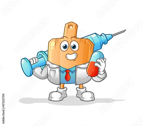 wooden placemat doctor holding medichine and injection