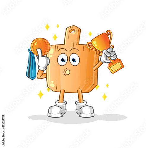 wooden placemat winner with trophie. cartoon character