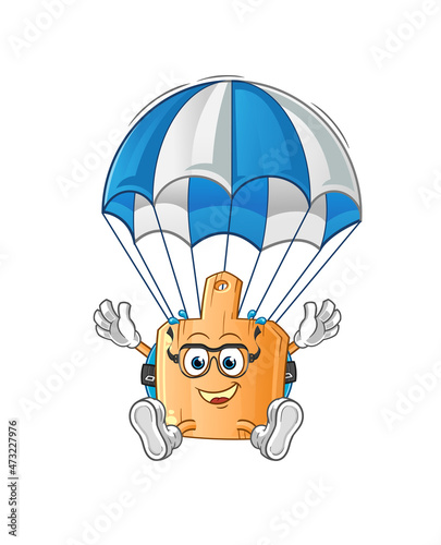 wooden placemat skydiving character. cartoon mascot vector