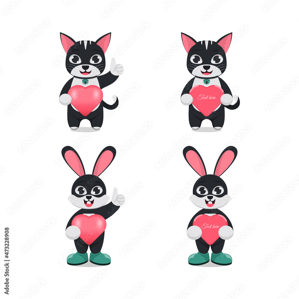 cute bunny and cat holding hearts in one set. white background