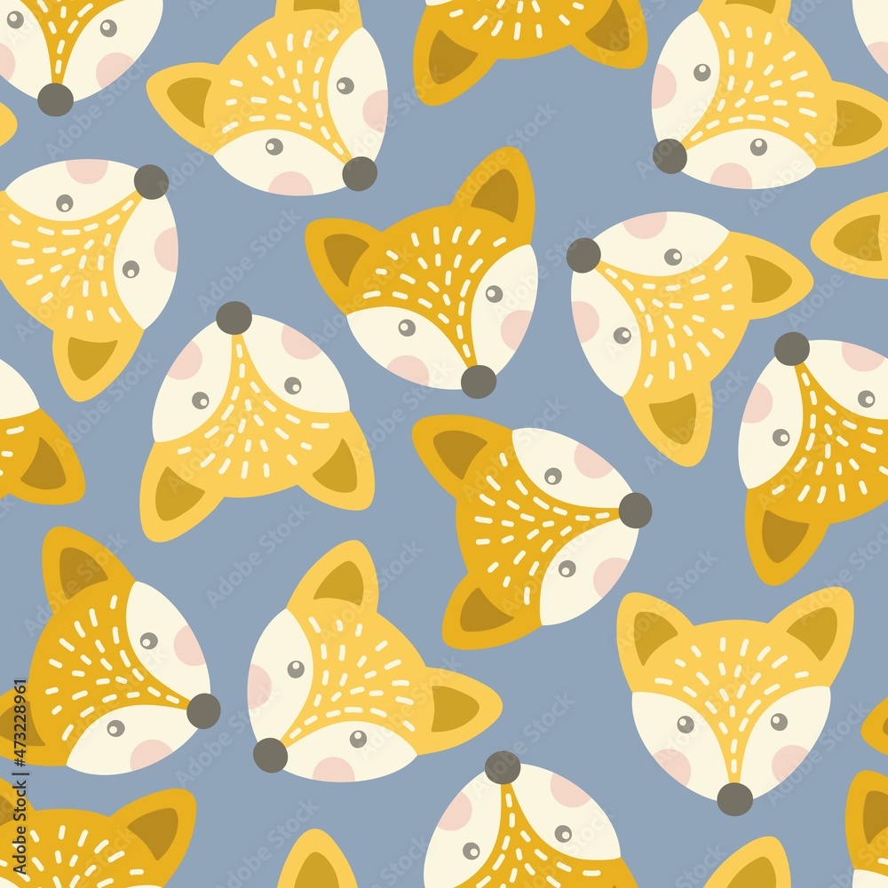 Vector Seamless pattern with foxes on a blue background. Cute forest animals. Cartoon style of illustration.